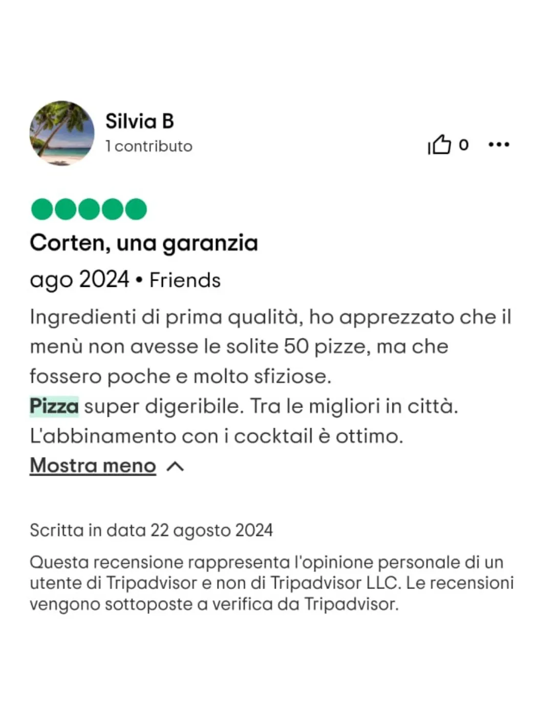 Recensione 3 TripAdvisor Pizzeria Bologna Corten