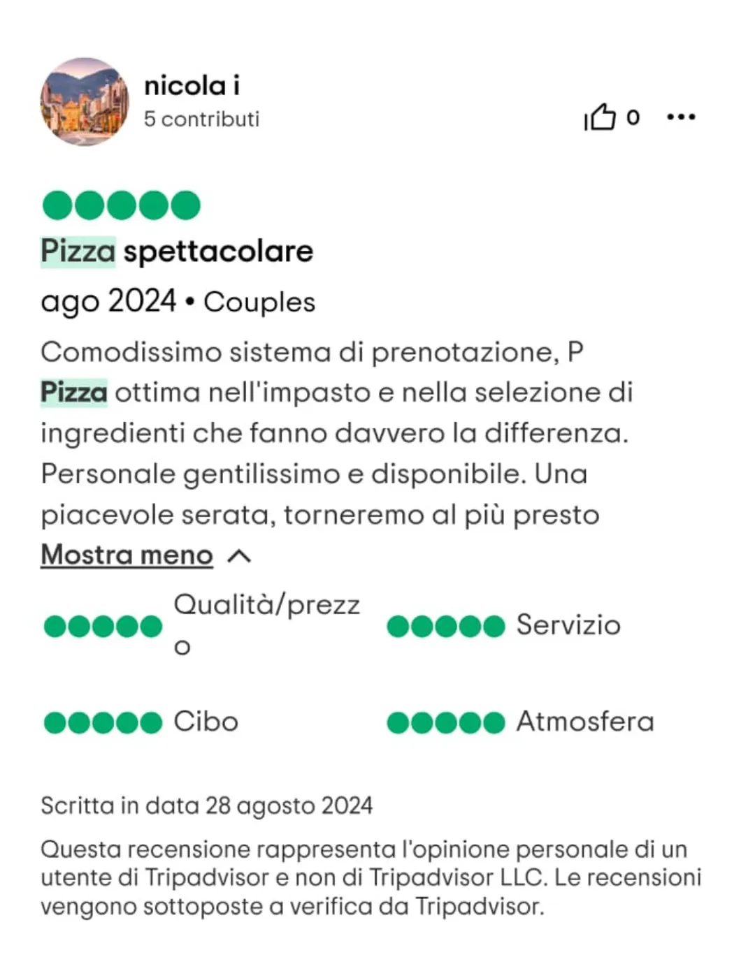 Recensione 5 TripAdvisor Pizzeria Bologna Corten