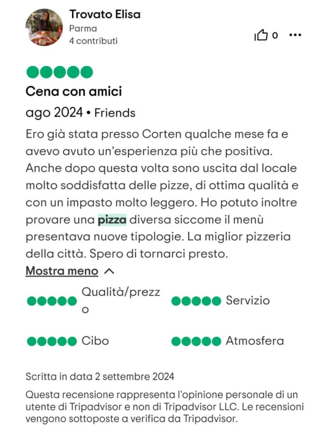 Recensione 6 TripAdvisor Pizzeria Bologna Corten