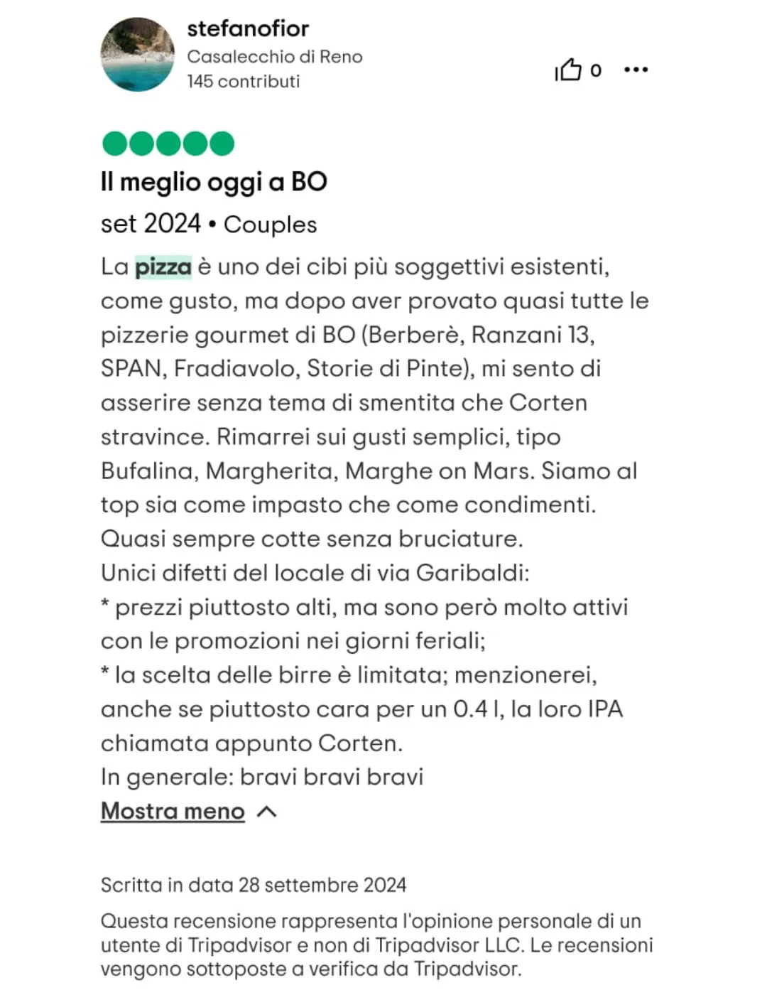 Recensione 8 TripAdvisor Pizzeria Bologna Corten